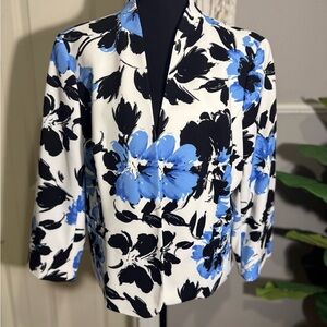 Cream floral Open-Front Blazer with Blue & Black Print